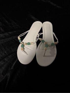Arden B White Beaded Toe-Post Sandals with Mint and Cream Accents